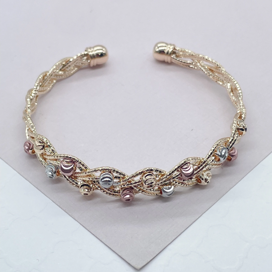 18k Gold Layered Tri-Color Open Ended Braided Bangles With Beads