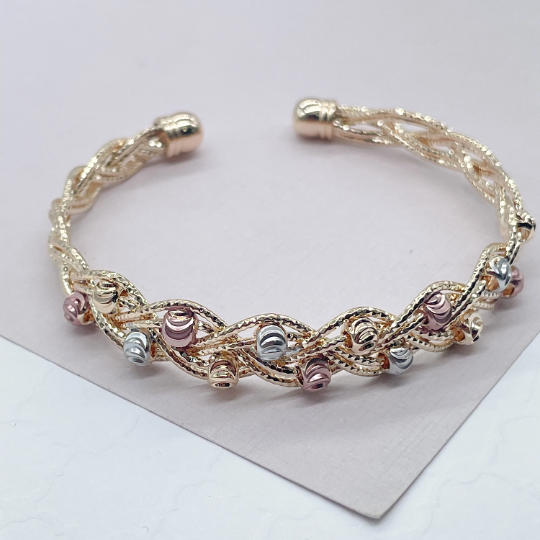 18k Gold Layered Tri-Color Open Ended Braided Bangles With Beads