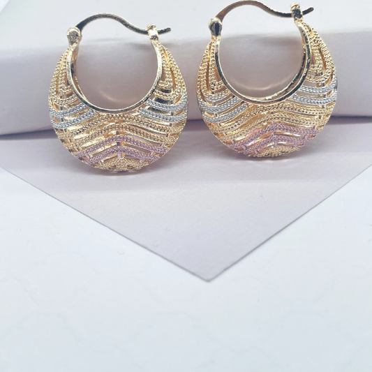 18k Gold Layered Tri-Color Wavy Patterned Basket Shape Hoop Earrings