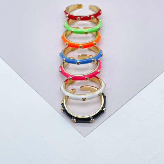 18k Gold Layered Colorful Enamel Stackable Rings With Small Stones