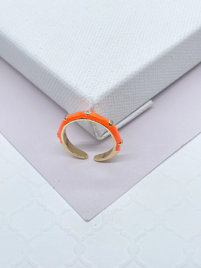 18k Gold Layered Colorful Enamel Stackable Rings With Small Stones