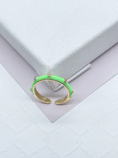 18k Gold Layered Colorful Enamel Stackable Rings With Small Stones