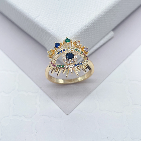18k Gold Layered Evil Eye Ring Crowned Featuring Multi Color Zirconia Stones Or Clear Cubic Zirconia, Protection Ring, Jewelry