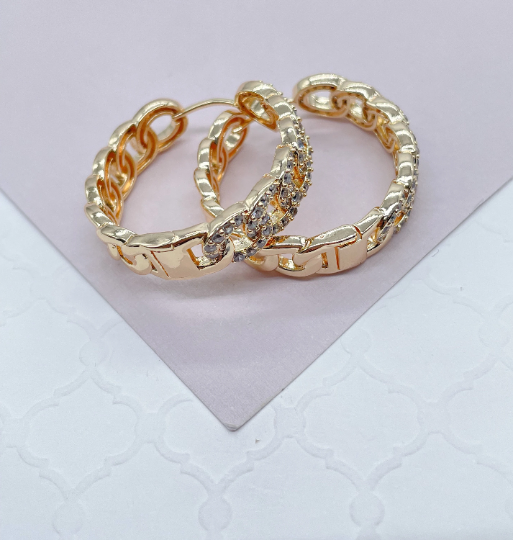 18k Gold Layered Pave Link Hoop Earrings Wholesale Jewelry Making Supplies