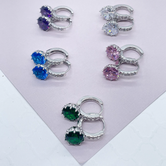 Elegant 18k Silver Layered 9mm Colorful Zirconia Lever Back Earrings Featuring Clear CZ Details