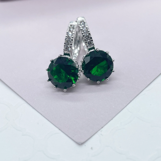 Elegant 18k Silver Layered 9mm Colorful Zirconia Lever Back Earrings Featuring Clear CZ Details