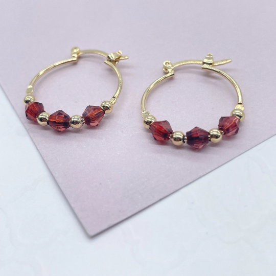 18k Gold Layered Thin Hoop Earrings With Diamond Shape Maroon Acrylic And Mini Gold Beads