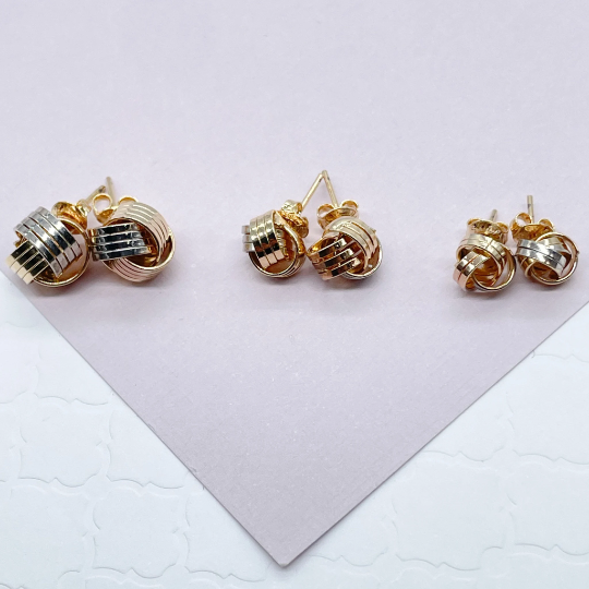 18k Gold Layered Tri Color Love Knot Stud Earrings Sizes Small, Medium And Large And Jewelry Making Supplies