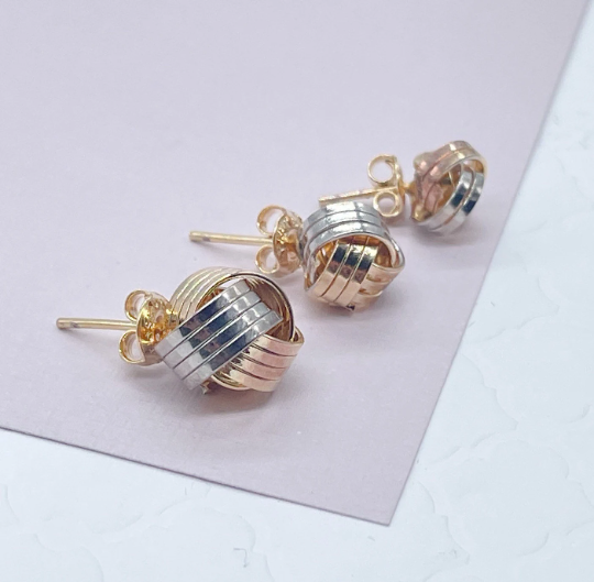 18k Gold Layered Tri Color Love Knot Stud Earrings Sizes Small, Medium And Large And Jewelry Making Supplies