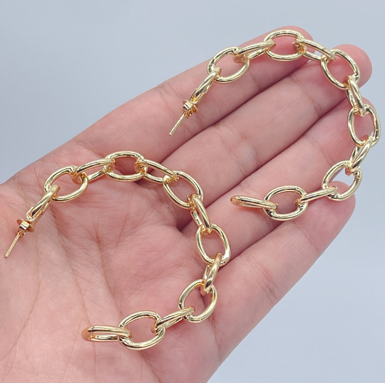18k Gold Layered Link Chain Hoop Earrings, C-Hoops Large Cable Chain Link Style