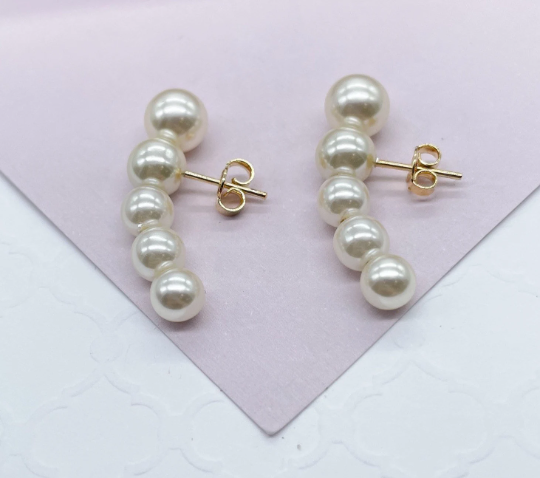 18k Gold Layered 5 Firm Simulated Pearl Earrings