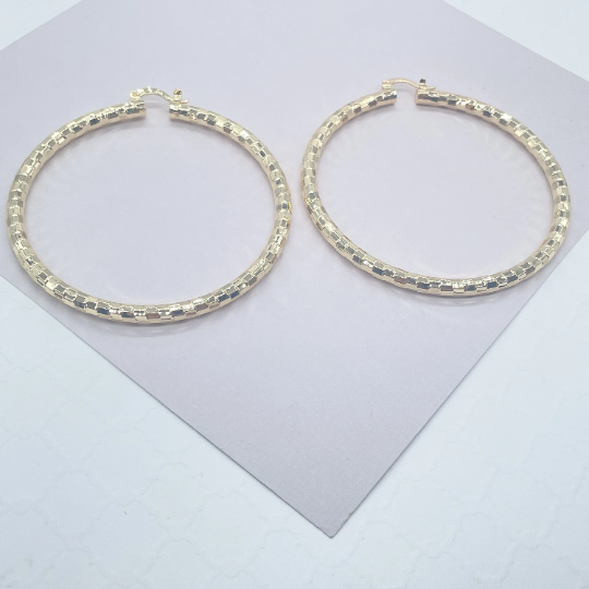 18k Gold Layered Squared Textured Round Hoops