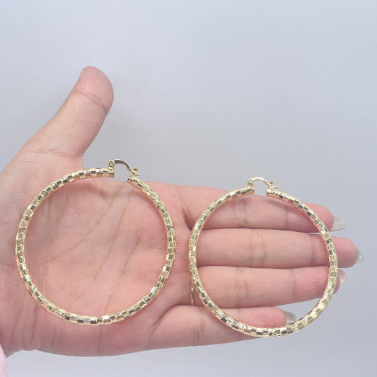 18k Gold Layered Squared Textured Round Hoops
