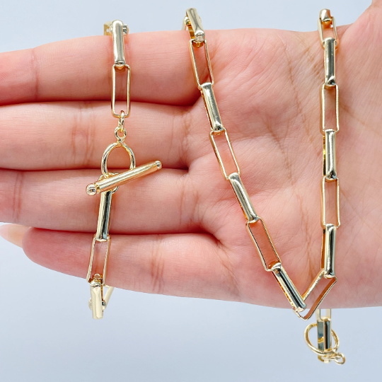 18k Gold Layered Smooth Long Paper Clip Set With Toggle Enclosure