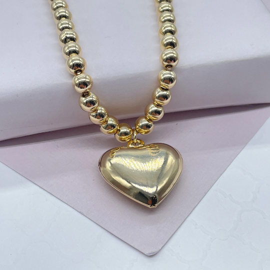18k Gold Layered 6mm Bead Necklace with a Puffy Heart Charm attached
