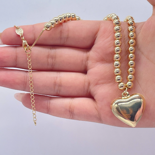 18k Gold Layered 6mm Bead Necklace with a Puffy Heart Charm attached