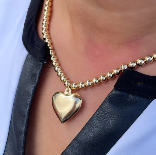 18k Gold Layered 6mm Bead Necklace with a Puffy Heart Charm attached