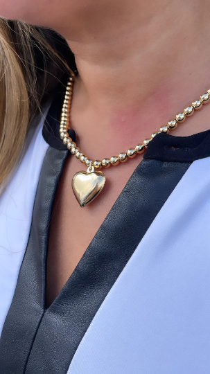 18k Gold Layered 6mm Bead Necklace with a Puffy Heart Charm attached