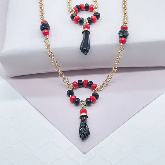 18k Gold Layered Azabache Hand Set With Red and Black Beads jewelry Making Supplies