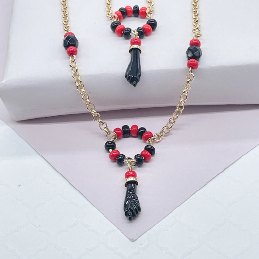 18k Gold Layered Azabache Hand Set With Red and Black Beads jewelry Making Supplies