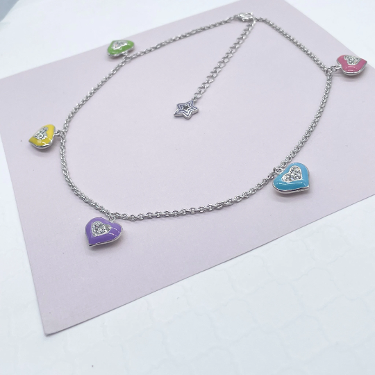 Silver Layered Necklace with Colorful Enamel Heart Charms
