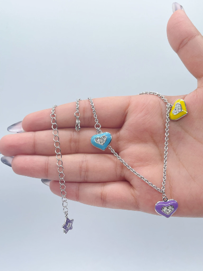 Silver Layered Necklace with Colorful Enamel Heart Charms