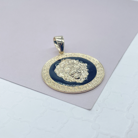 18k Gold Layered Greek Pattern Engraved Circle Pendant Featuring Lions Head and Black Enamel Plate