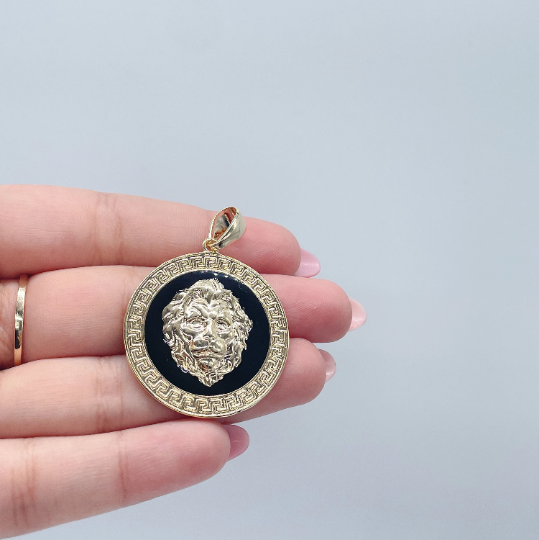 18k Gold Layered Greek Pattern Engraved Circle Pendant Featuring Lions Head and Black Enamel Plate