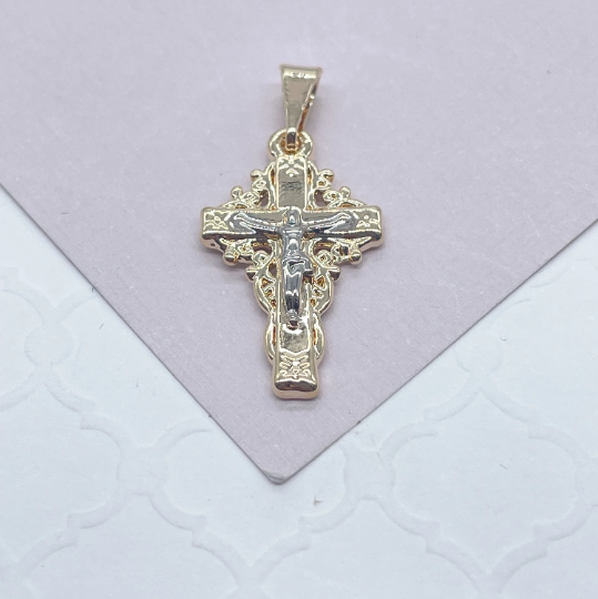 18k Gold Layered Crucifix Cross Featuring Silver Jesus Engraved Pendant
