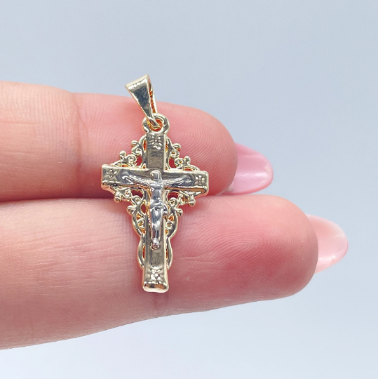 18k Gold Layered Crucifix Cross Featuring Silver Jesus Engraved Pendant