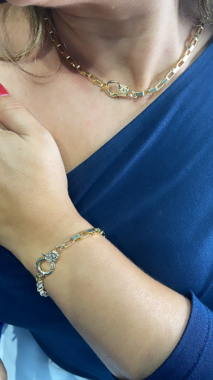 18k Gold Layered Short Link Paper Clip Set With Hand-cuff Lobster Clasp