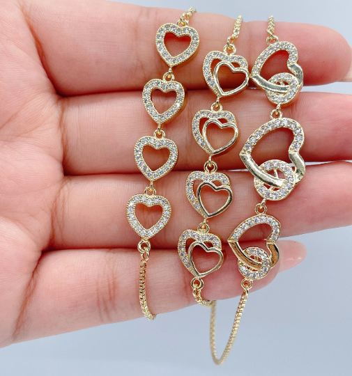 18k Gold Layered Adjustable Micro Pave Cubic Zirconia Heart Bracelet Wholesale Jewelry Supplier