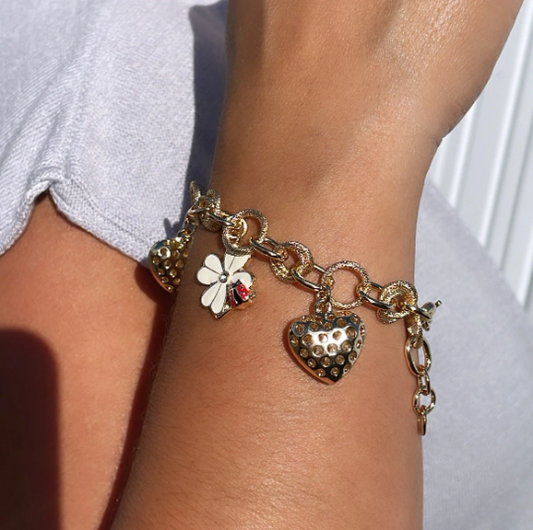18k Gold Layered Textured Link Charm Bracelet With Puffy Heart, Lady Bug & Flower Charms Wholesale Jewelry