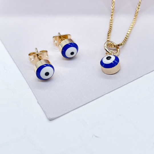 18k Gold Layered Simple & Small Blue Evil Eye SetWholesale Jewelry Supplies