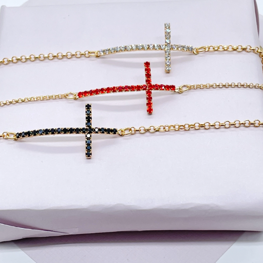 Sideways 18k Gold Layered Cross Necklace And Bracelet, Featuring Zirconia Ruby, Jet or Clear, Horizontal Cross Bracelet Necklace