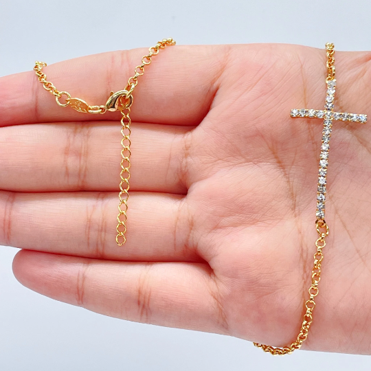 Sideways 18k Gold Layered Cross Necklace And Bracelet, Featuring Zirconia Ruby, Jet or Clear, Horizontal Cross Bracelet Necklace