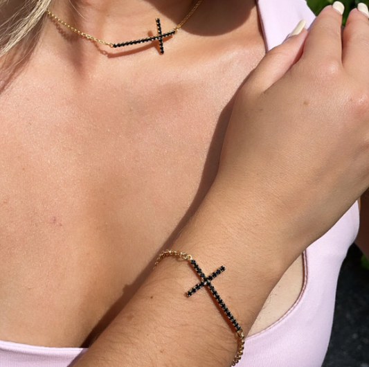 Sideways 18k Gold Layered Cross Necklace And Bracelet, Featuring Zirconia Ruby, Jet or Clear, Horizontal Cross Bracelet Necklace