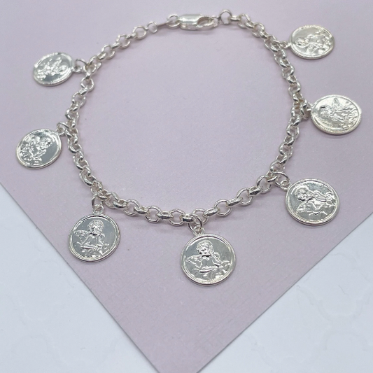 Silver Layered Angel Charm Rolo Bracelet Featuring Seven Angel Medals