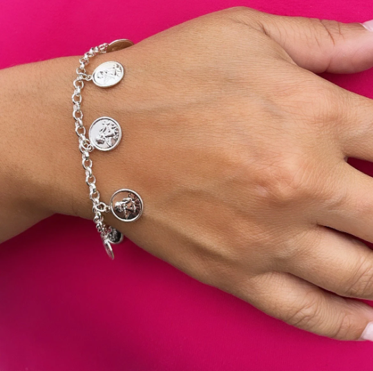Silver Layered Angel Charm Rolo Bracelet Featuring Seven Angel Medals
