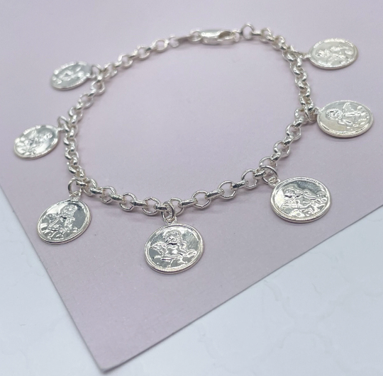 Silver Layered Angel Charm Rolo Bracelet Featuring Seven Angel Medals