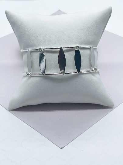 18k Silver Layered See Through Bangle Bracelet, Patterned With Silver Pieces & Zirconia