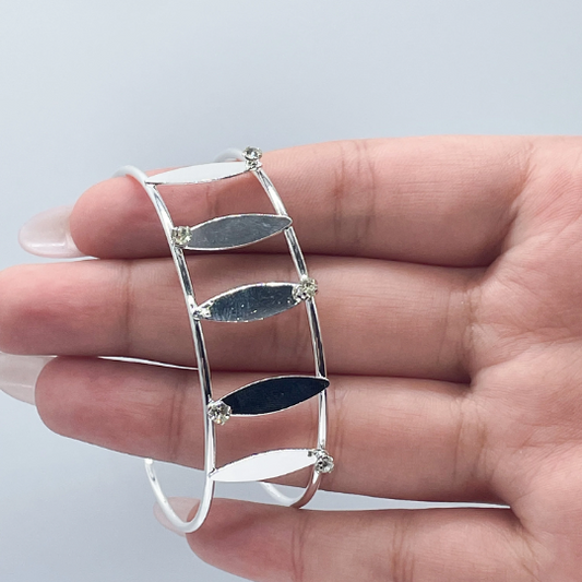 18k Silver Layered See Through Bangle Bracelet, Patterned With Silver Pieces & Zirconia