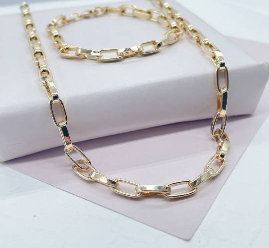 Thick 18k Gold Layered Paper Clip Set Featuring Bracelet And Necklace