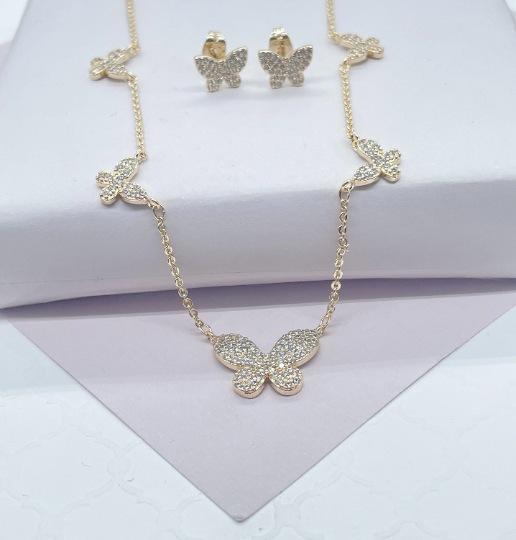 18k Gold Layered Micro Pave Butterfly Set With Earrings & Necklace
