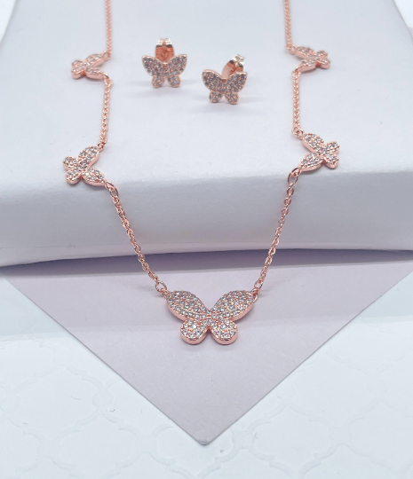 18k Gold Layered Micro Pave Butterfly Set With Earrings & Necklace