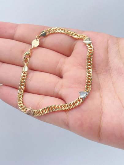 18k Gold Layered Cuban Chain Link Bracelets With Hearts Engraved To It