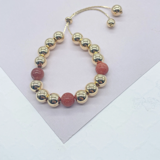 18k Gold Layered Venturina and Gold Beads Adjustable Bracelet