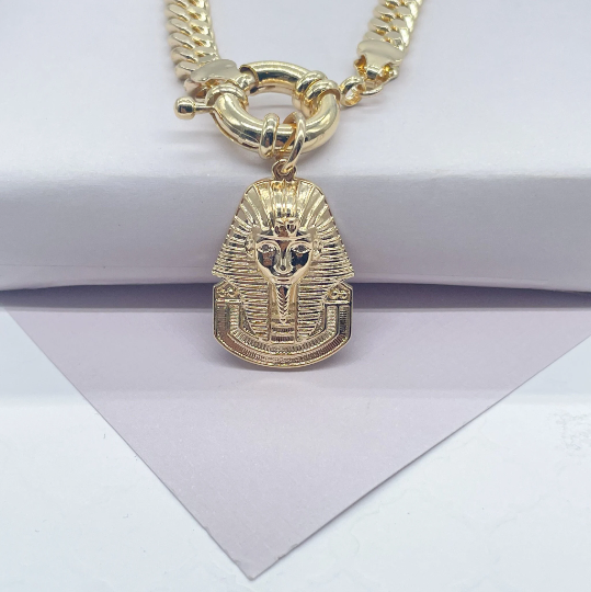 18k Gold Layered Thick Choker Cuban Link with Pharaoh Charm attached to Large Toggle