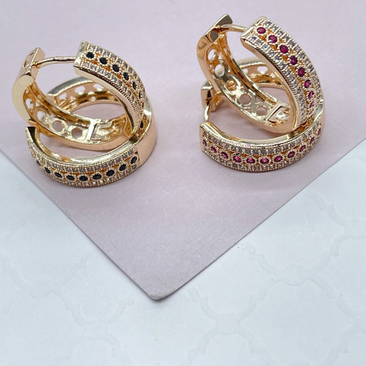 18k Gold Layered Pave Hoops With 1 Row of colorful Stones