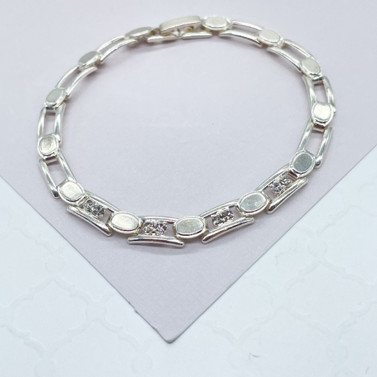 18k Silver Layered Link Bracelet Patterned With Zirconia